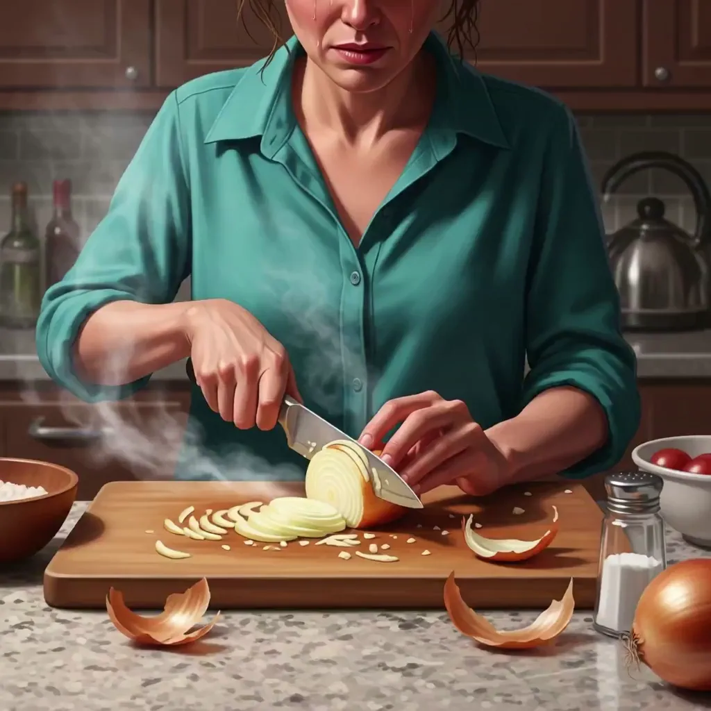 양파를 썰며 눈물 흘리는 장면