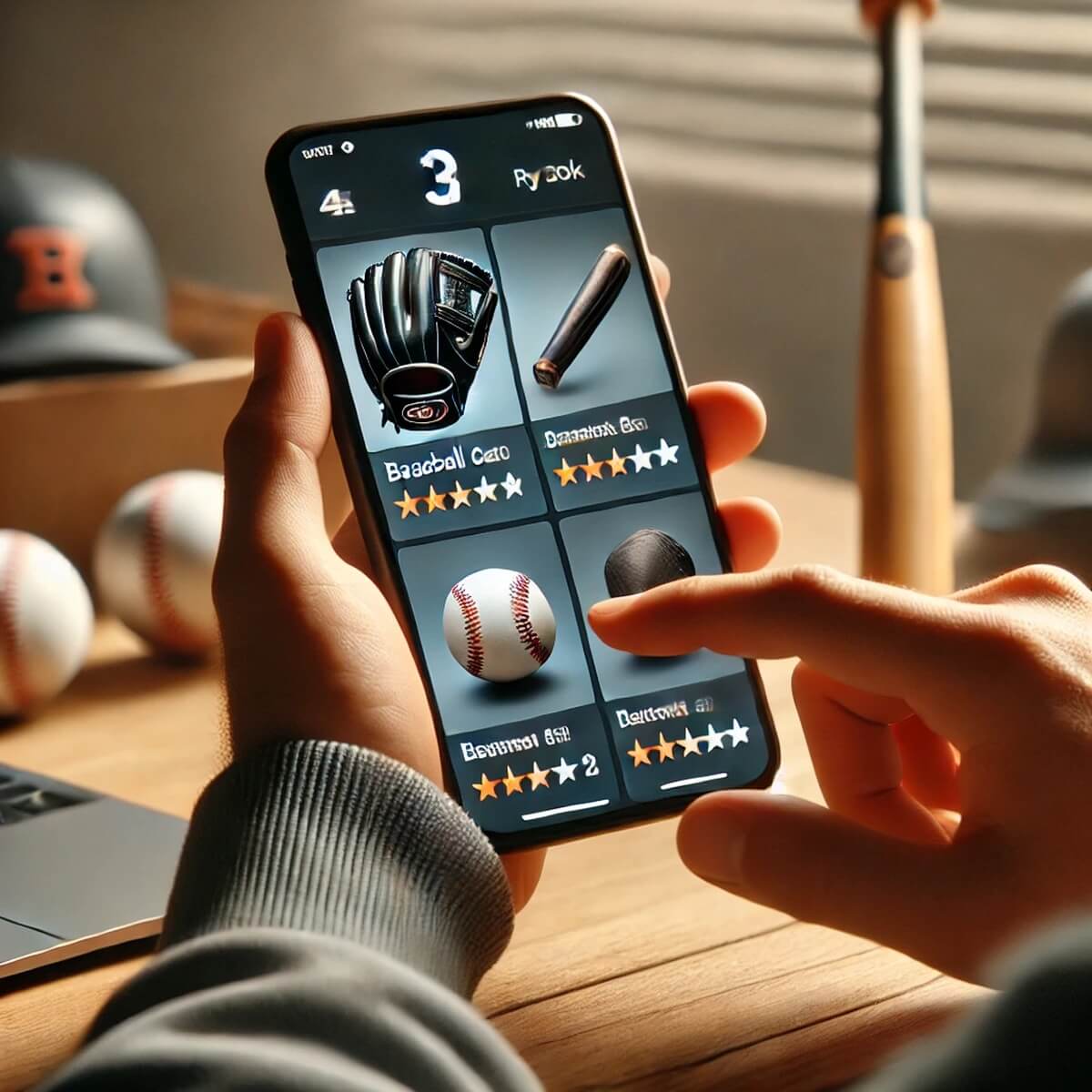 스마트폰으로 야구 장비를 검색하고 결제하는 장면