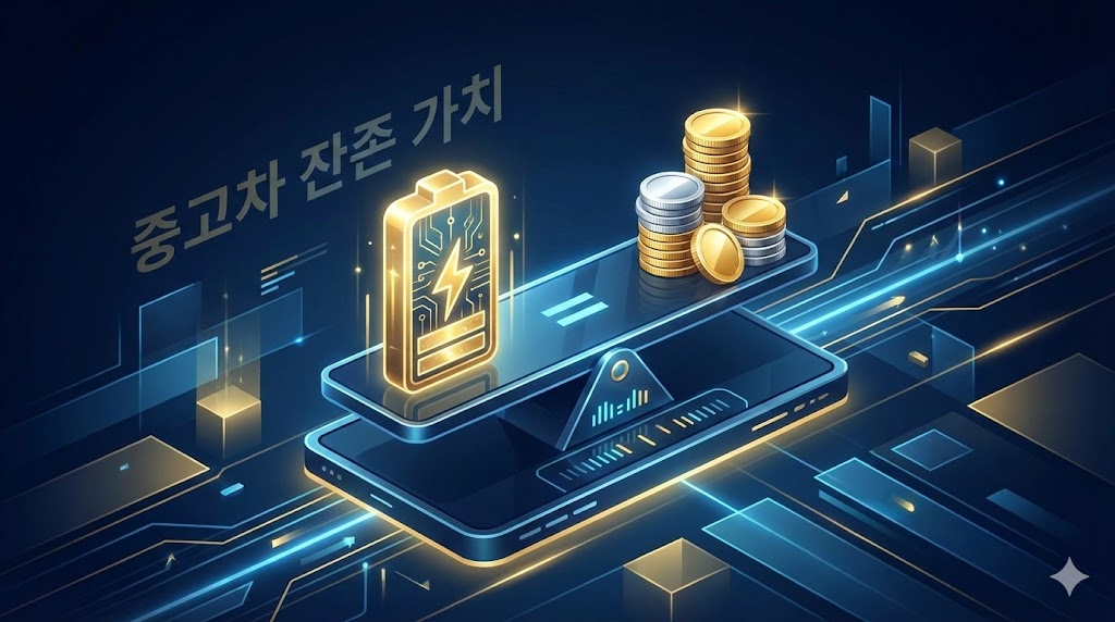 금색 배터리 아이콘을 이용한 중고차 잔존 가치 평가 개념도