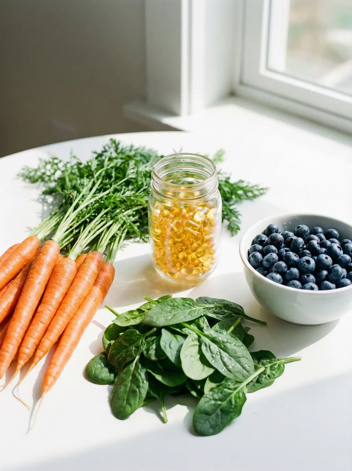 눈 건강에 좋은 녹황색 채소와 영양제, 맑은 물이 놓인 테이블