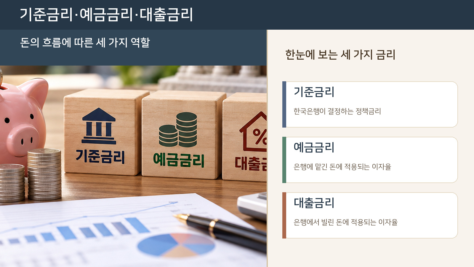 세 가지 금리를 상징하는 저금통과 금융 소품 옆에 기준금리·예금금리·대출금리의 뜻을 나란히 정리한 비교 이미지