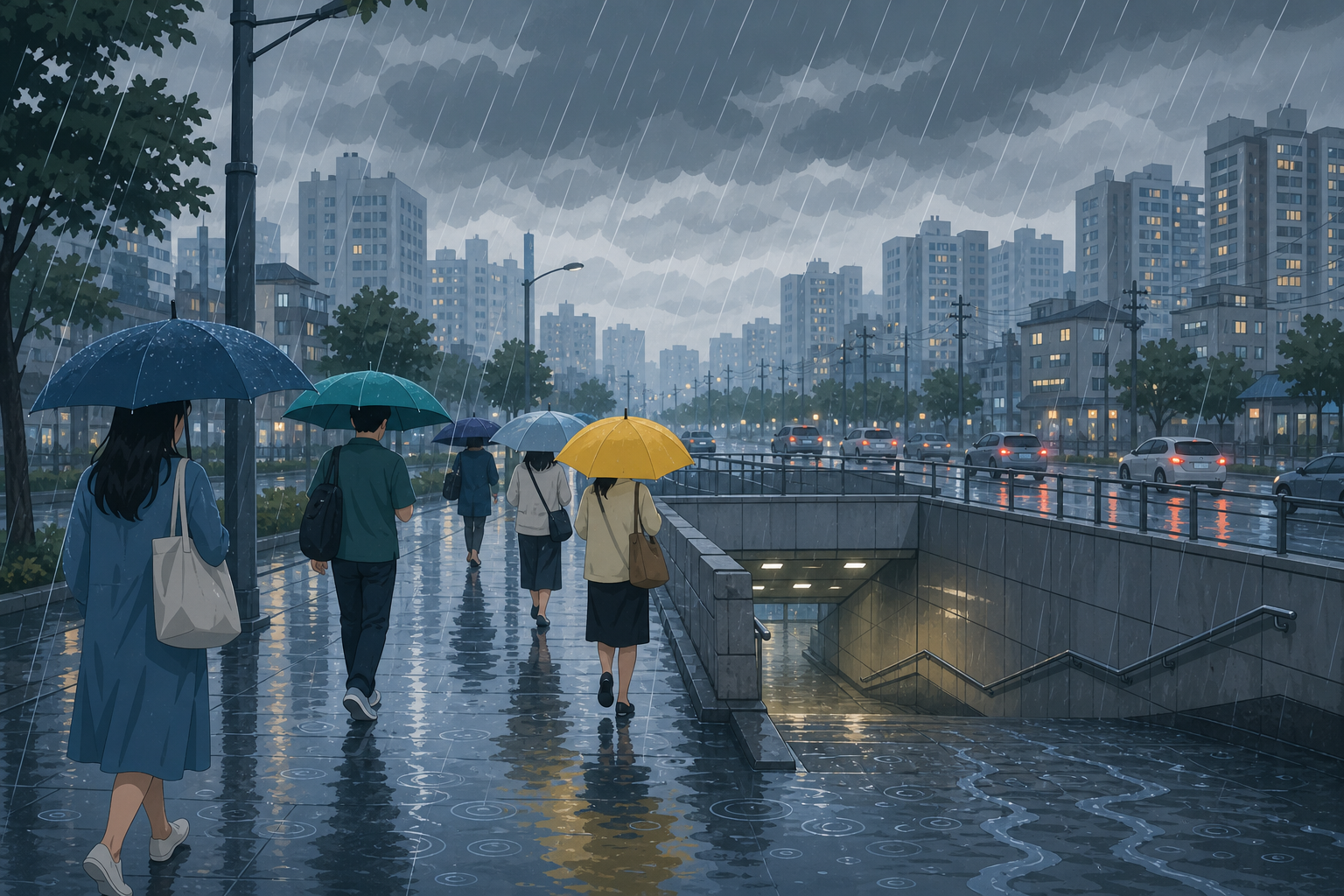 비 내리는 도심 인도에서 우산을 쓴 사람들이 걷고 지하보도 입구 쪽에 빗물이 고이기 시작한 장면을 그린 삽화