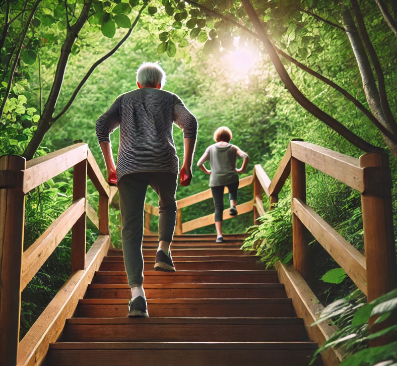 계단에서 운동하는 시니어