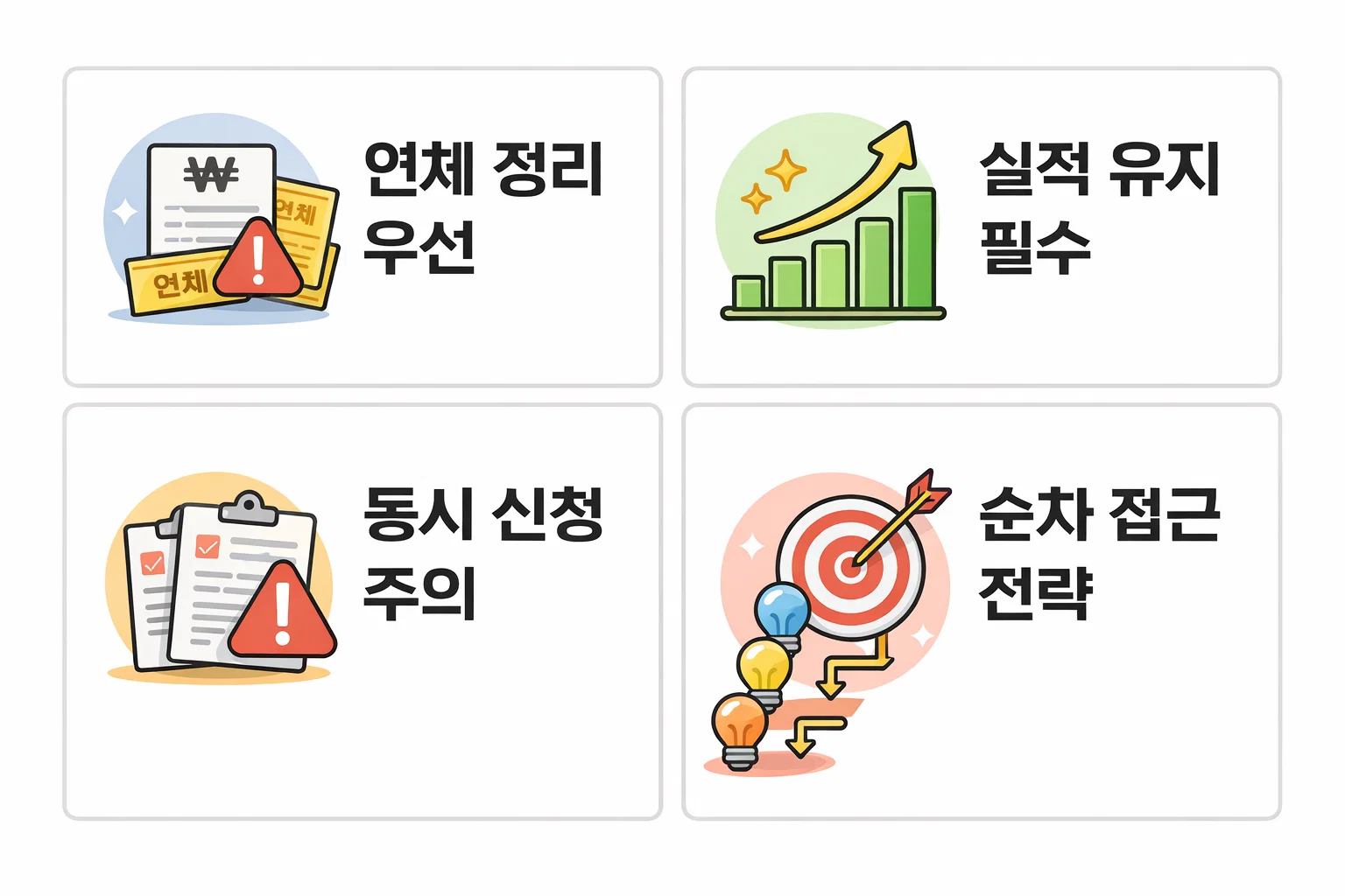 연체 정리, 실적 유지, 동시 신청 주의, 순차 접근 전략 등 신용카드 승인률을 높이기 위한 실전 가이드를 정리한 이미지