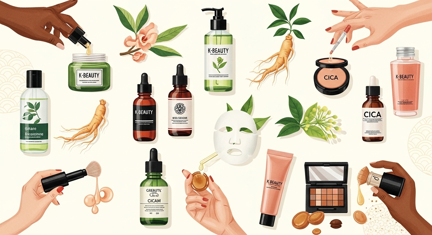 혁신적인 제형과 천연 원료를 강조한 다양한 K-뷰티 제품들이 세계인의 피부에 적용되는 모습을 표현한 이미지.