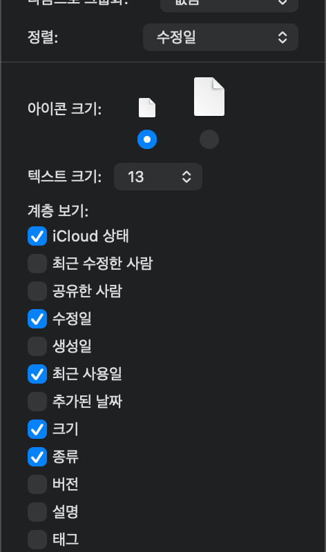 Finder 보기 옵션에서 iCloud 상태 체크 상자가 선택된 부분 화면