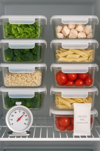 냉장고 선반에 정리된 밀폐용기,온도계와 방습제가 함께 배치된 위생적인 보관 모습