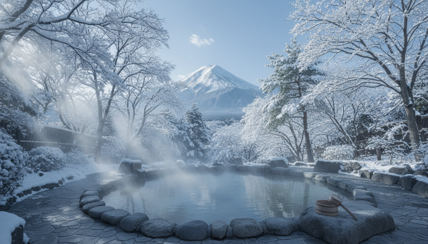 눈 덮인 후지산을 배경으로 따뜻한 증기가 피어오르는 일본 노천 온천의 아름다운 겨울 풍경.