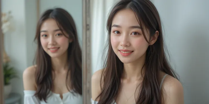 알파리포산 복용 후 거울 보는 여성