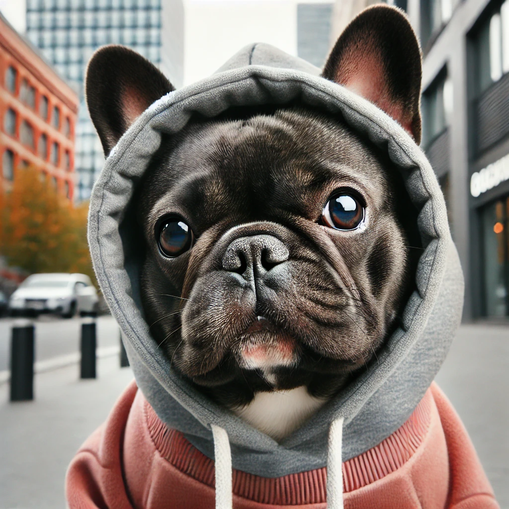 후드티 입은 검은색 프렌치불독