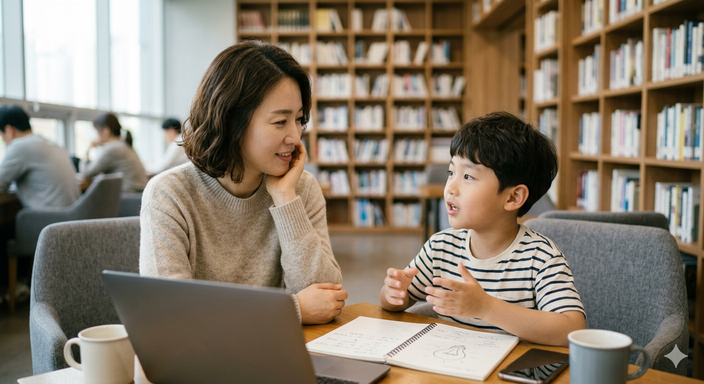 질문을 통해 생각을 나누는 한국인 모자와 자녀