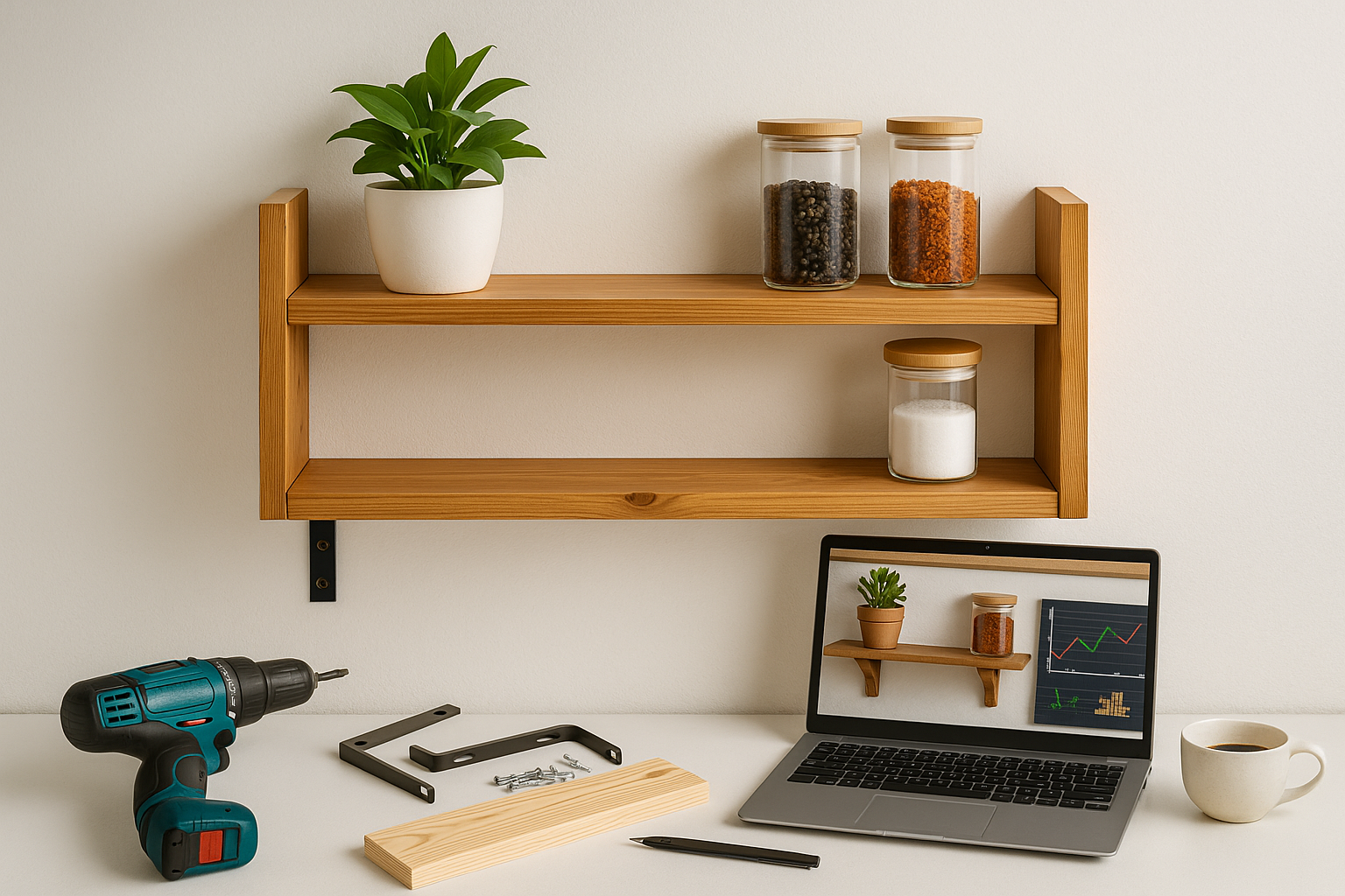 DIY로 설치한 원목 키친 선반