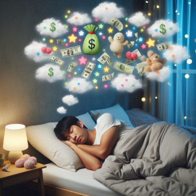"돈이 떠오르는 꿈을 꾸고 있는 사람의 이미지입니다."
