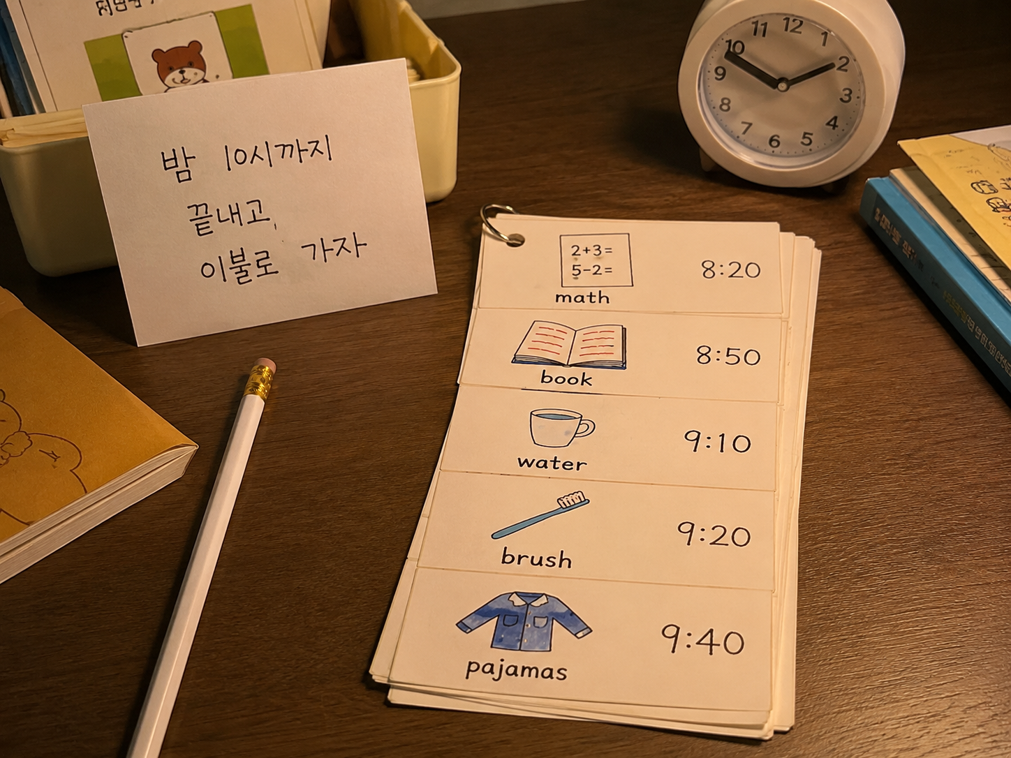 밤10시까지 끝내고 잠자러 가자는 메모