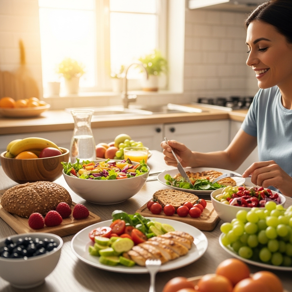 활기찬 주방에서 건강하고 균형 잡힌 식사를 즐기는 행복한 사람의 모습, 요요 없는 건강 식단의 비결을 상징