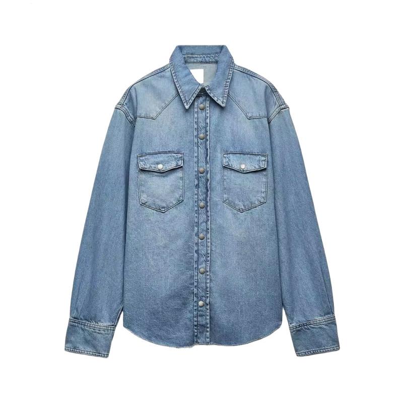 자라 데님 셔츠 포켓 블라우스 ZARA 기본 베이직 라이트 블루 연청 또또 똑딱이 단추