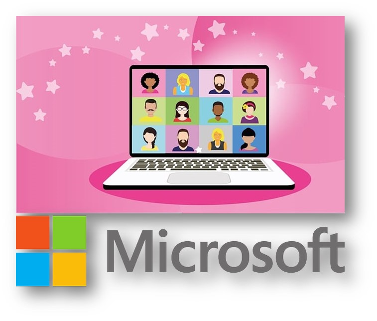 Microsoft Teams 앱을 사용하여 여러 직원들과 함께 얼굴을 보면서 화상회의 하는 모습이 담긴 랩탑 화면