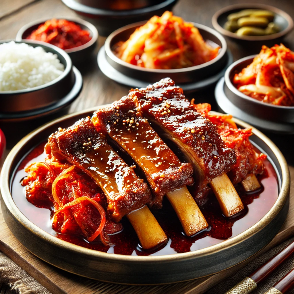 돼지갈비 김치찜이 한국 전통 식탁 위에 담긴 모습