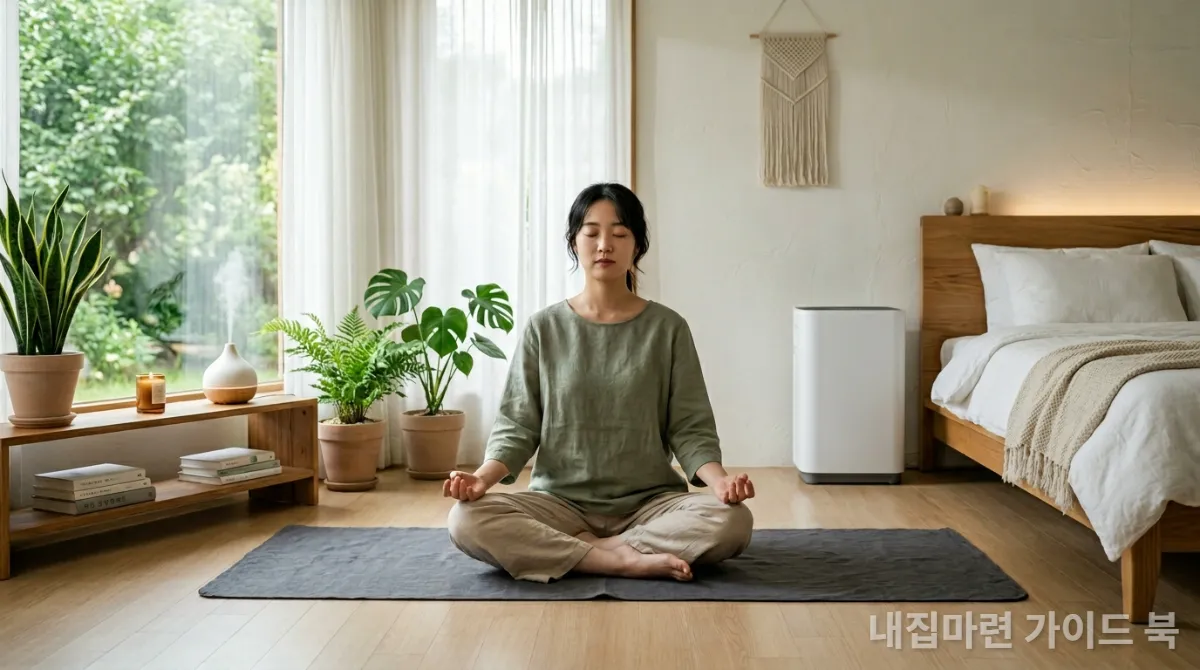 자연 채광이 가득한 웰니스 주택의 침실에서 요가를 하는 젊은 한국인