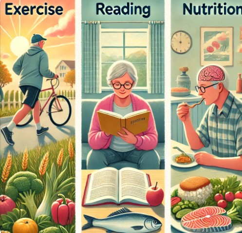 치매 예방을 위한 하루 루틴
운동 (왼쪽)-아침 햇살 아래 공원에서 가볍게 걷거나 스트레칭하는 노인의 모습.
독서 (가운데)-집 안에서 편안하게 책을 읽는 모습.
영양 관리 (오른쪽)-채소, 생선, 통곡물이 포함된 건강한 식단이 정갈하게 차려진 식사 장면.