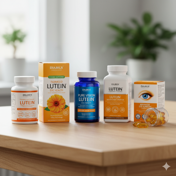 “5가지 루테인 영양제 패키지 비교 컷” – 책상 위에 놓인 다양한 루테인 제품