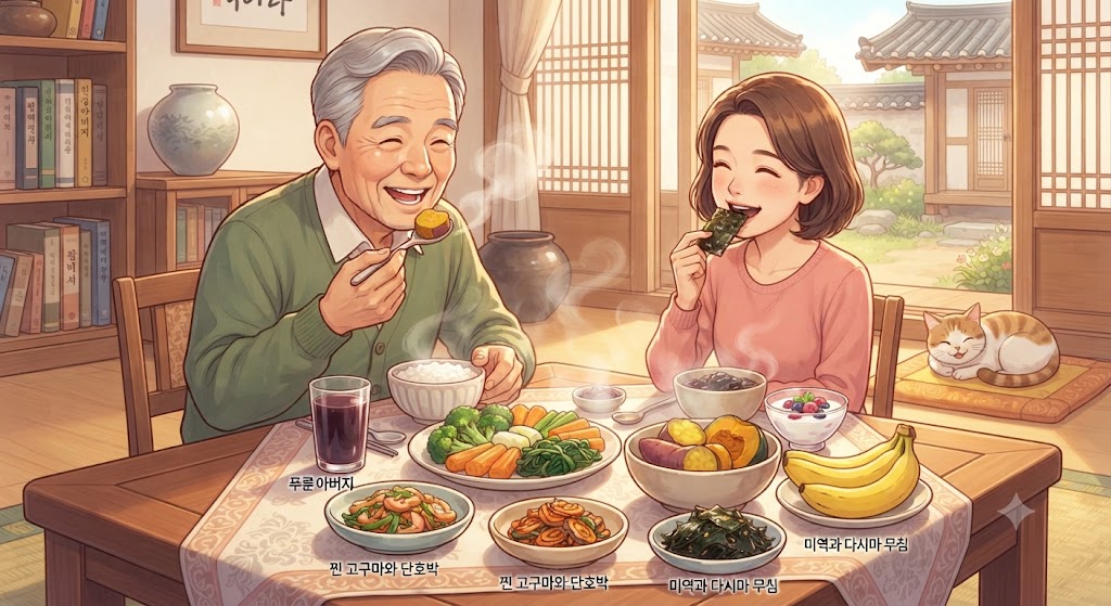 변비 예방을 위해 건강한 식단으로 식사하는 모습