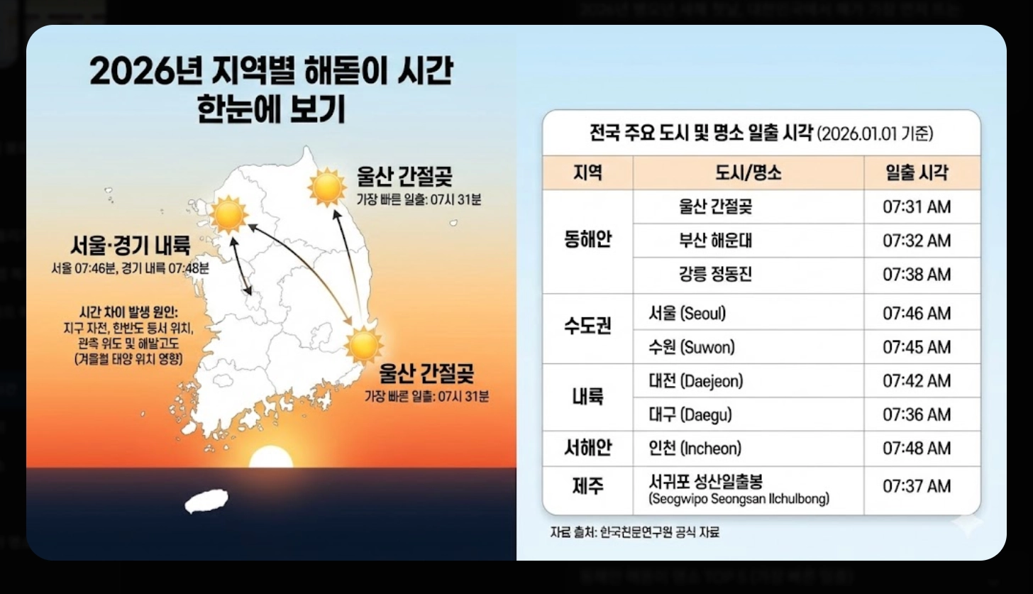 2026년 지역별 해돋이 시간 완벽 정리