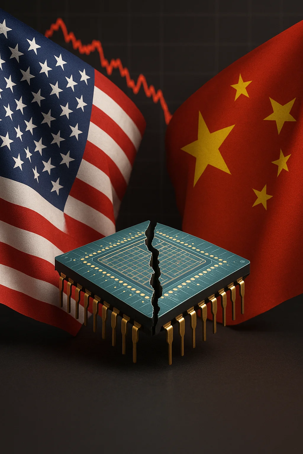 반도체주 폭락 구간용, 미국과 중국 국기가 충돌, 깨진 반도체 칩, 하락 중인 나스닥 지수 그래프