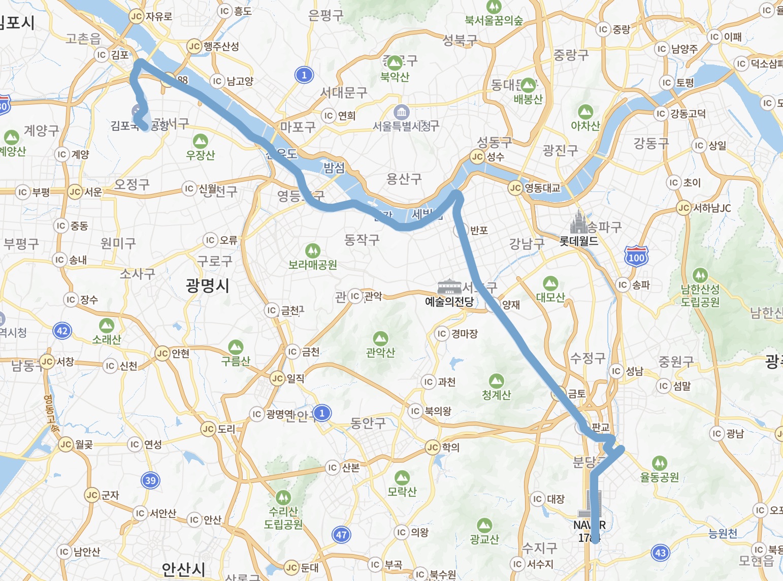 김포공항 5200-1 버스 운행지도