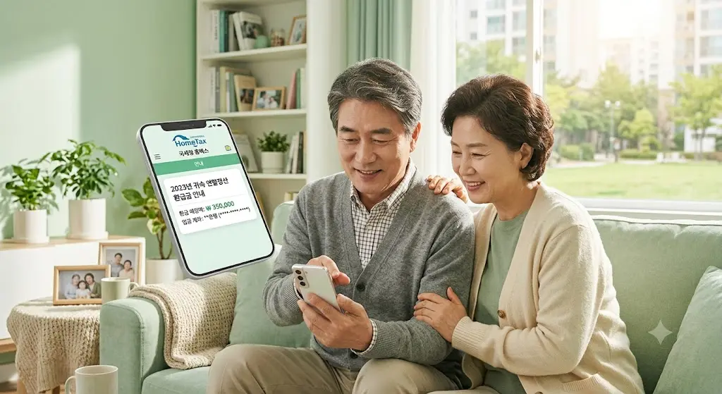 중년 부부가 스마트폰으로 홈택스 화면을 함께 확인하는 모습