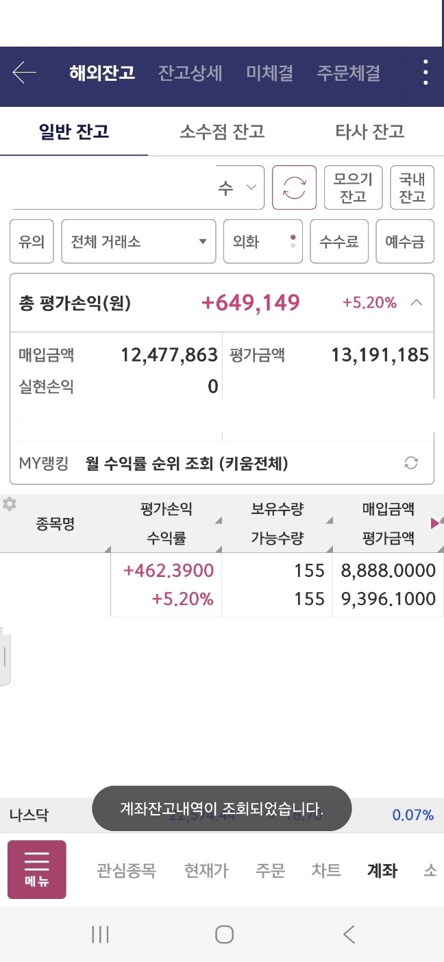 키움증권 주식투자 
해외 주식 잔고 화면, 주식 155주 보유중