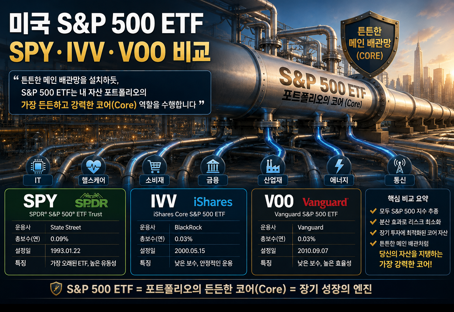 미국 S&amp;P 500 ETF, SPY, IVV,VOO 비교