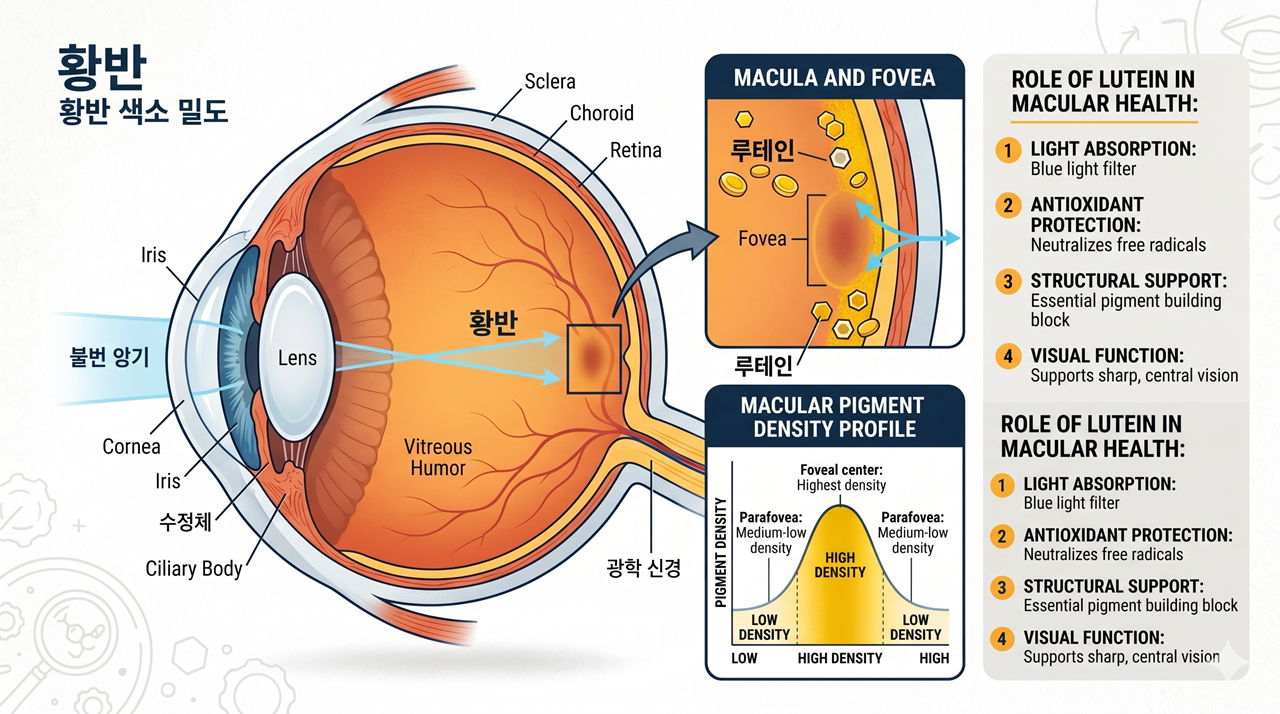 Anatomy of the eye showing macular pigment and the role of Lutein / 황반 색소 밀도와 루테인의 역할을 보여주는 안구 구조도