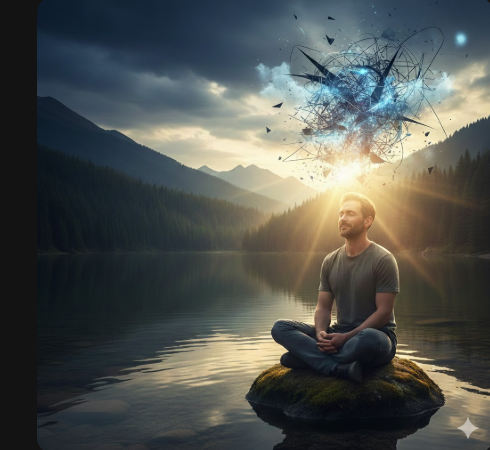 호숫가에서 명상을 하며 복잡한 생각을 비우고 긍정적인 에너지를 얻는 사람의 모습