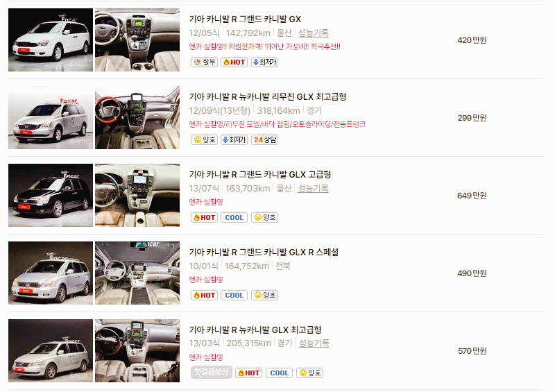 기아 카니발 중고차 가격 시세표 24년10월