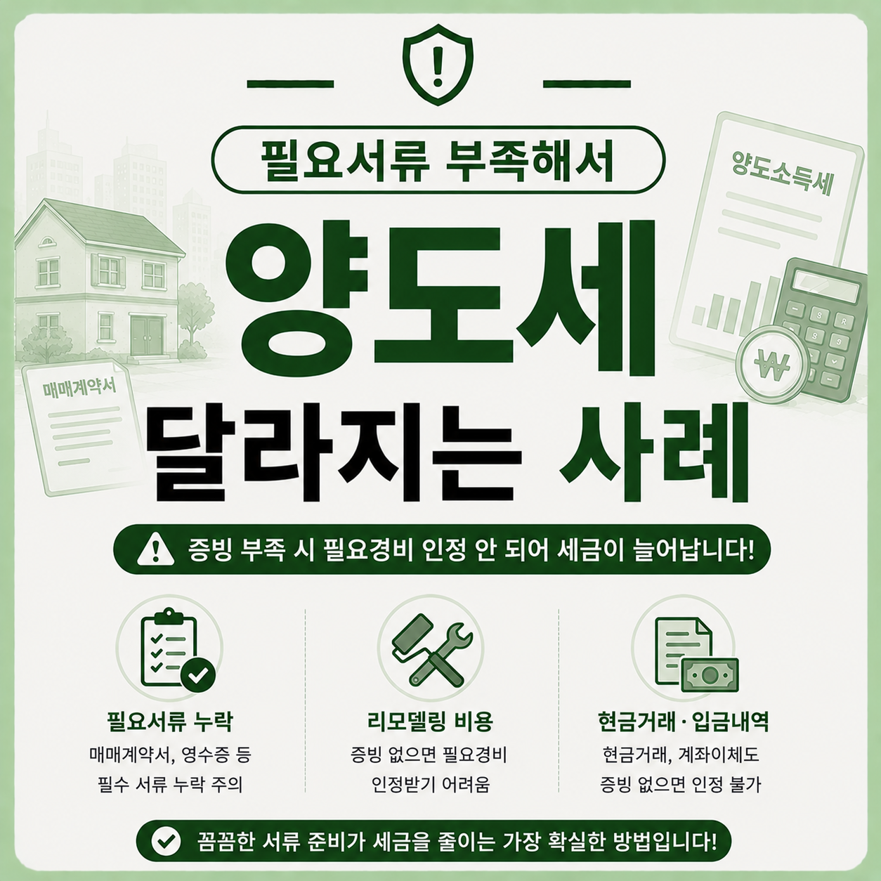 양도세 신고 필요서류 부족으로 세금이 달라지는 사례 설명 이미지