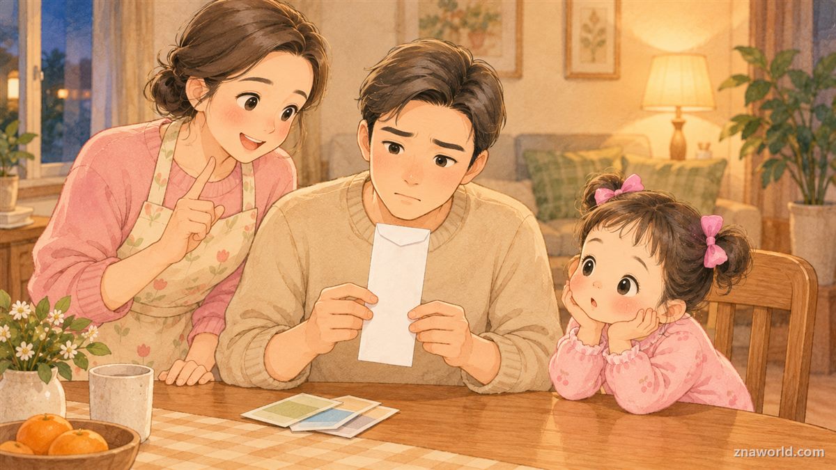 조의금 봉투 앞에서 금액을 고민하는 아빠와 가족