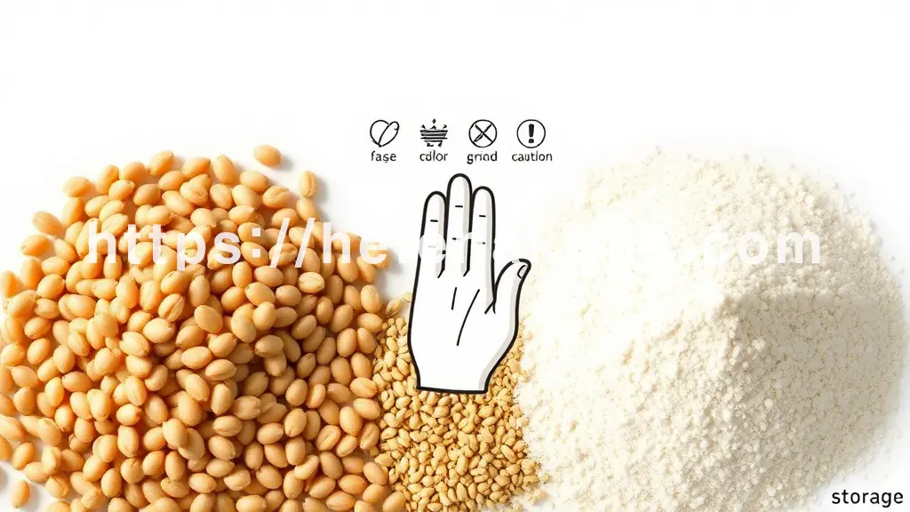 중앙에 신선하고 윤기 나는 고품질 메밀 알곡/가루와, 색이 바래거나 변질된 저품질 메밀이 극명하게 대비되어 시각적으로 표현된 이미지.