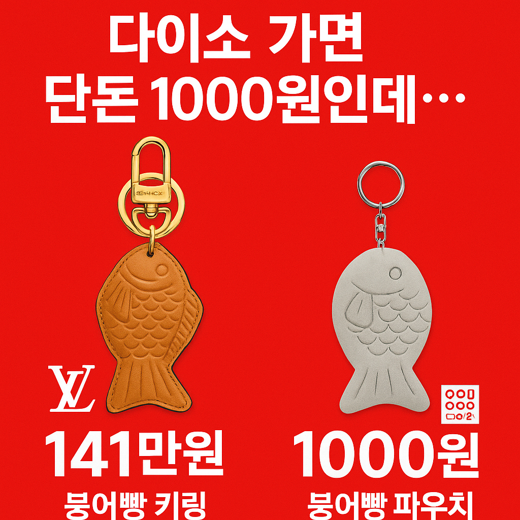 “루이비통 141만원 붕어빵 키링과 다이소 1000원 붕어빵 파우치를 가격 대비로 비교한 뉴스형 썸네일 이미지”