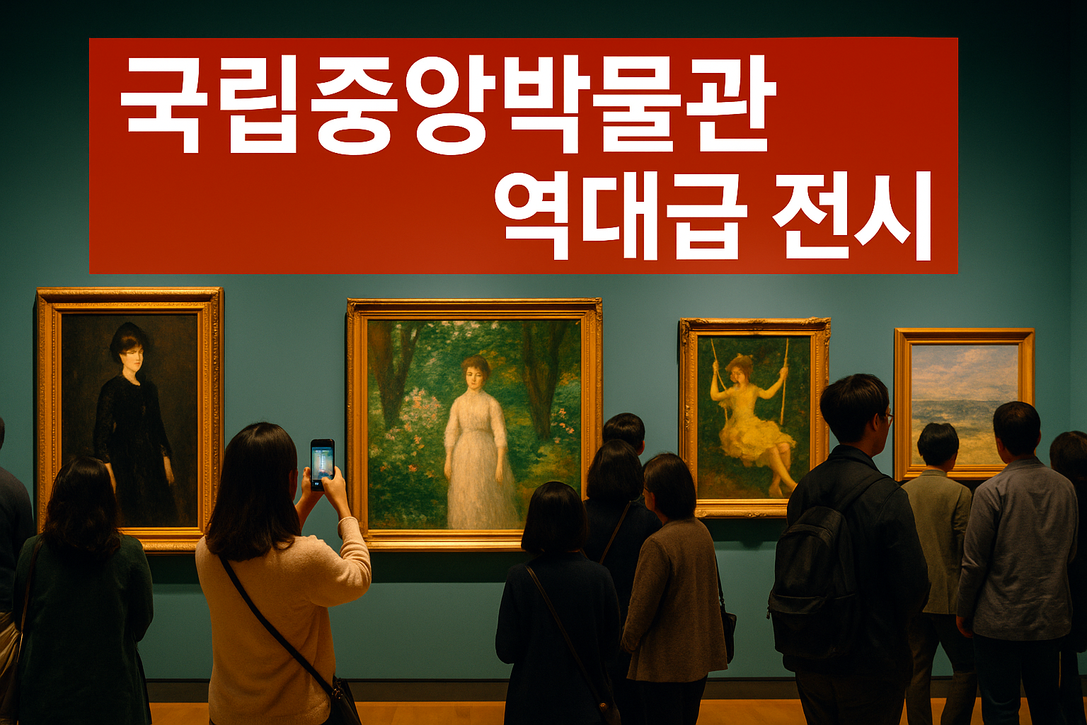 “국립중앙박물관 인상주의 특별전 전시장 내부에서 르누아르·커샛 등 인상주의 명작을 감상하는 관람객들의 모습, 따뜻한 빛이 가득한 전시 전경”