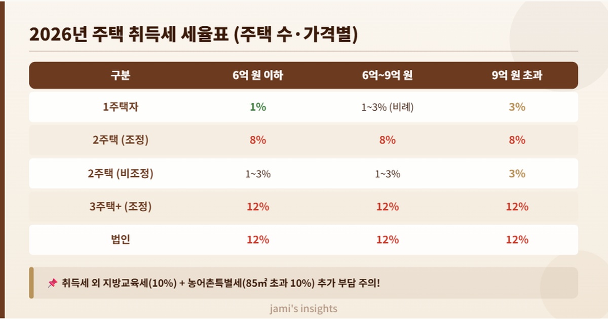 2026년 주택 취득세 세율표 주택수 가격별 1주택 다주택 중과세율 이미지