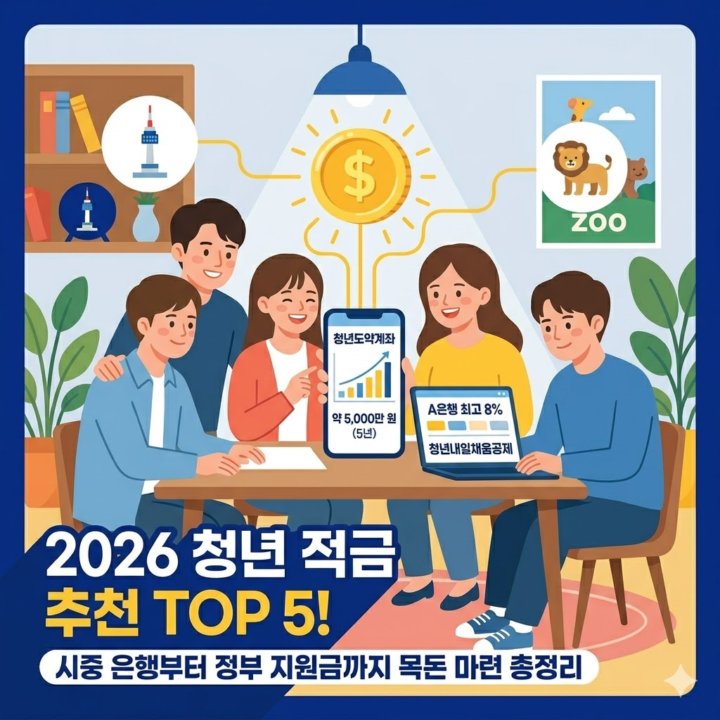 밝고 미래지향적인 분위기 속에서 스마트폰 앱을 보며 기뻐하는 청년과 '청년도약계좌', '목돈 마련' 아이콘이 어우러진 신뢰감 있는 일러스트