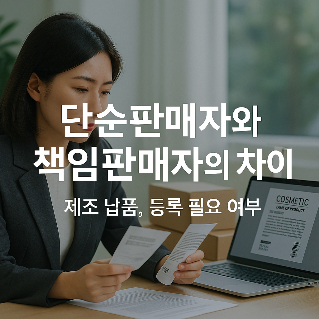 현대 사무실에서 한국인 전문가가 화장품 라벨과 문서를 대조하며 검토하는 장면으로, 책임판매업자와 단순판매자의 차이, 제조업자 B2B 납품 시 책임판매업 등록 필요 여부, 화장품법 표시기재·회수·이상사례 대응 등 핵심 키워드를 시각적으로 표현