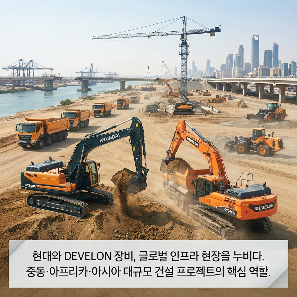 HD건설기계 합병 후 글로벌 건설기계 사업과 실적 개선을 보여주는 이미지