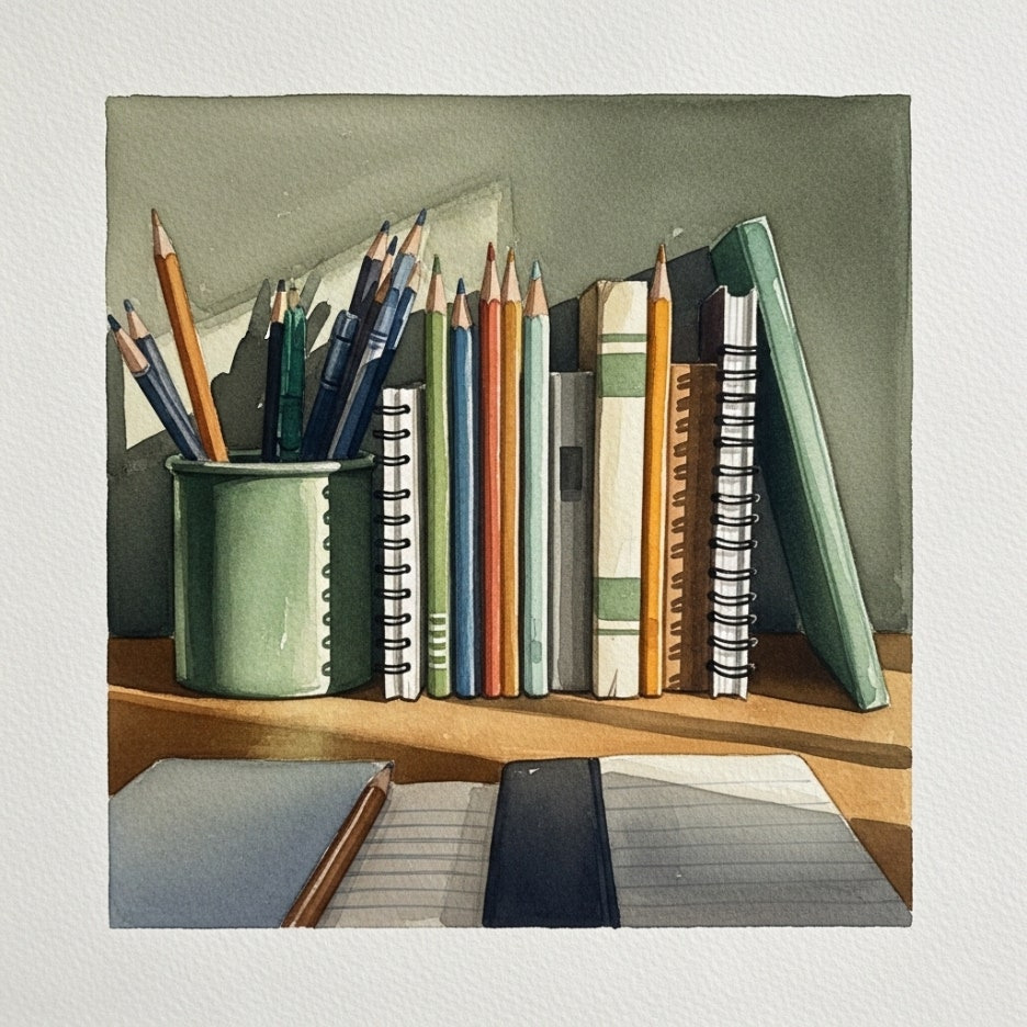 정갈하게 정리된 책상 위의 필기도구들