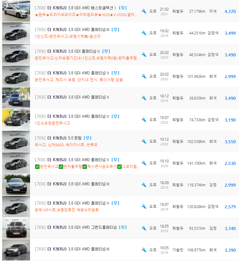 더 K9 등급 중고차 가격 : 1,789만원 ~ 5,200만원
