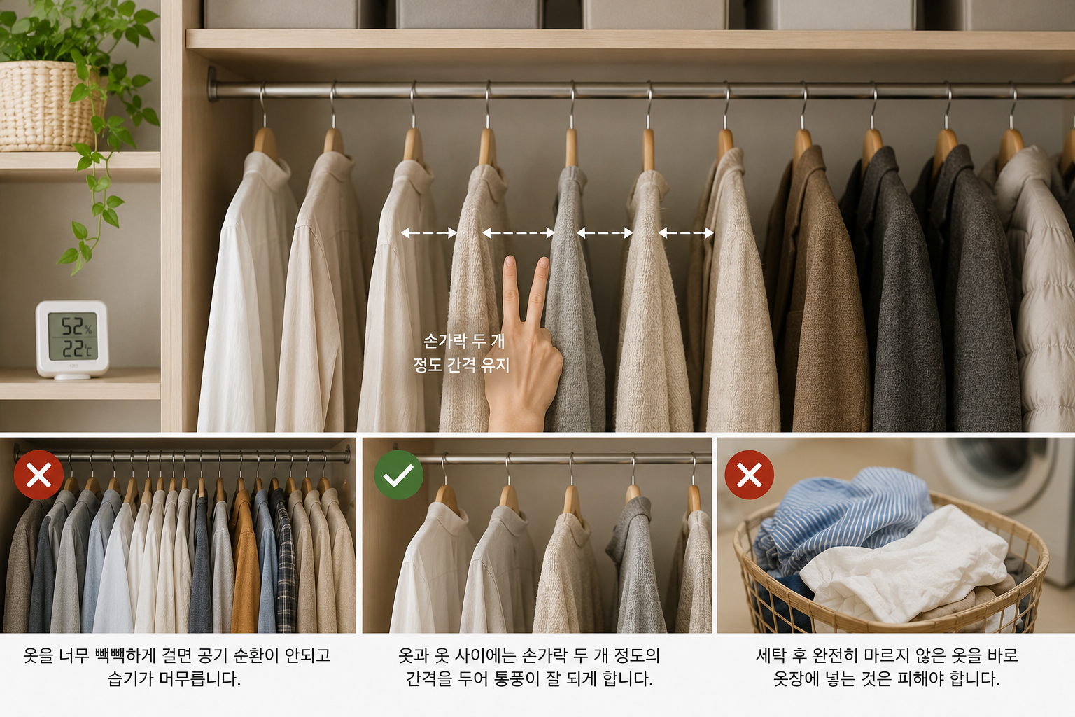 옷 사이 간격을 확보해 공기 순환을 개선하고 곰팡이를 예방하는 드레스룸 수납 방법