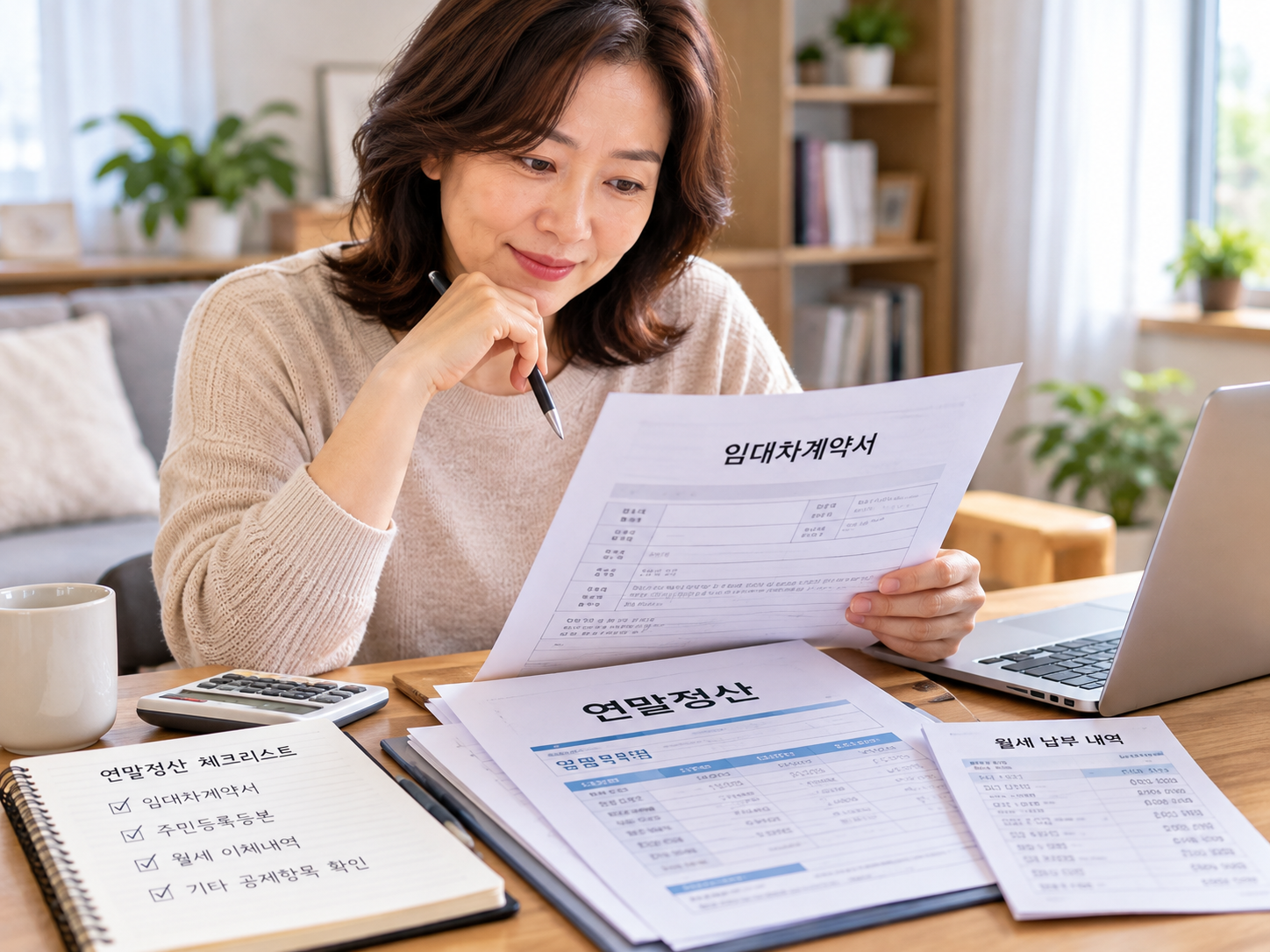 집에서 월세 계약서와 연말정산 서류를 확인하는 30~40대 한국인 직장인