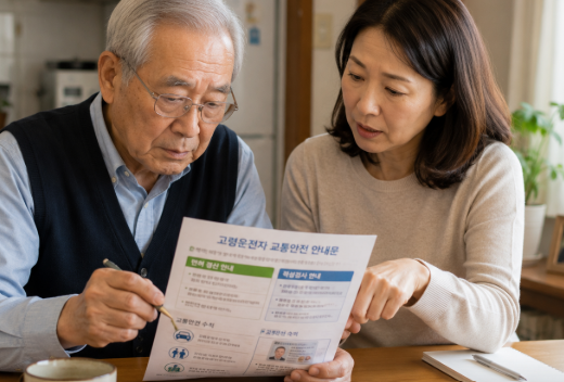 식탁에 앉아 운전면허 관련 안내문을 함께 살펴보는 고령의 아버지와 중년 딸
