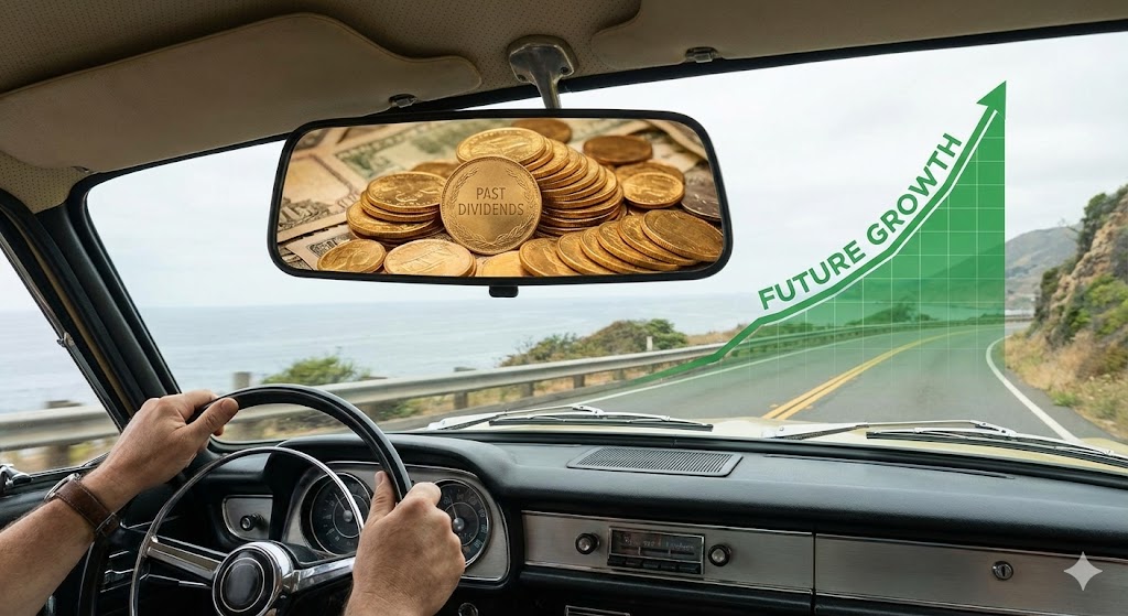 과거를 보는 백미러(SCHD)와 미래를 보는 앞유리(DGRW)를 대비시킨 이미지. 백미러에는 쌓여있는 금화(과거 배당)가 보이고, 앞유리에는 뻗어 나가는 상승 곡선(미래 성장)이 보임